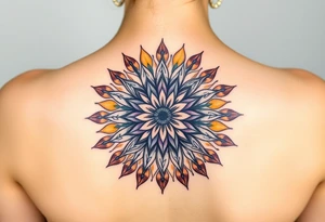 A sunburst pattern radiating from the Flower of Life centered in round cyrcle, embodying energy and vitality tattoo idea