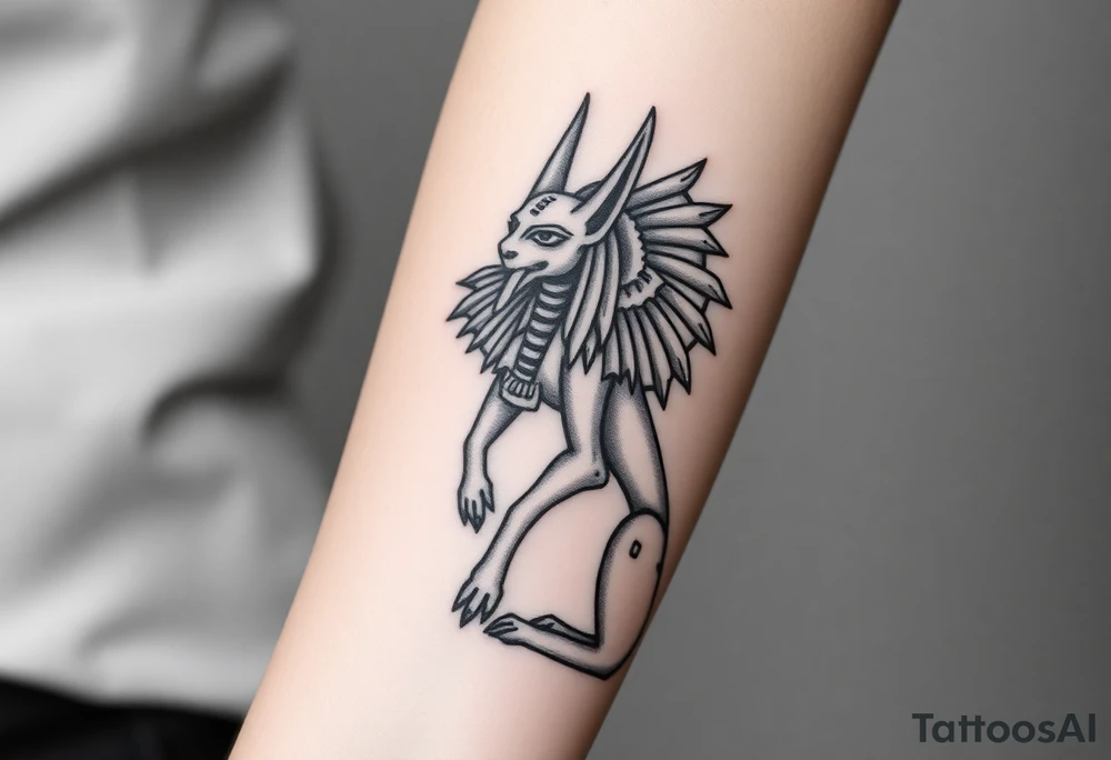 Design a tattoo of Anubis, as though it was carved into stone, it should have a sculptural stone like featured with a classic Anubis style their design should fill a forearm and be hyper, realistic, black, and gray tattoo idea