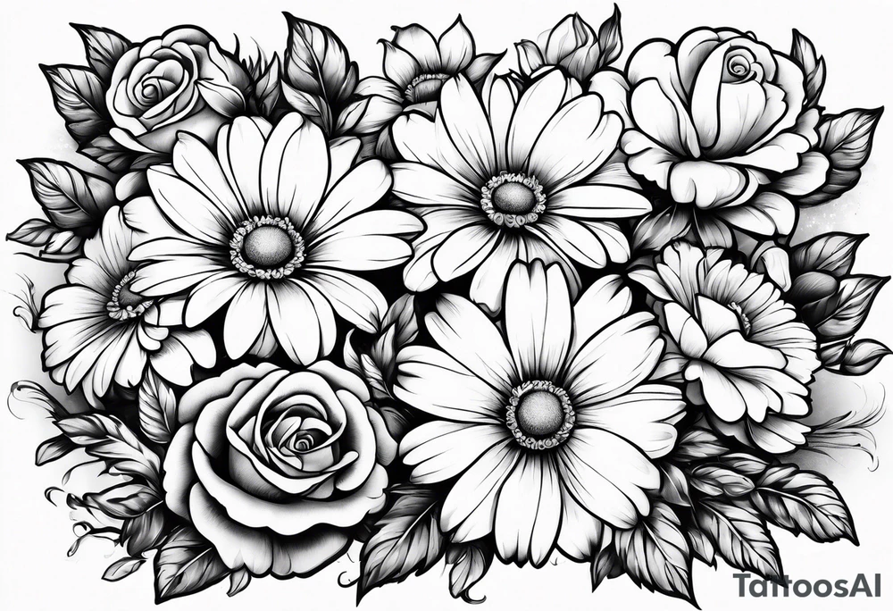 Boquet of daisys and roses with a flame surrounding them tattoo idea