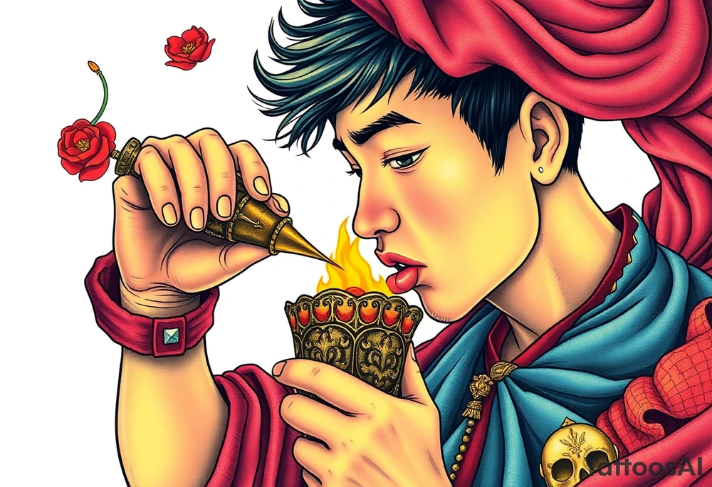 Handsome Asian young guy is drinking from medieval feast cup tattoo idea