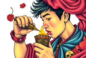 Handsome Asian young guy is drinking from medieval feast cup tattoo idea