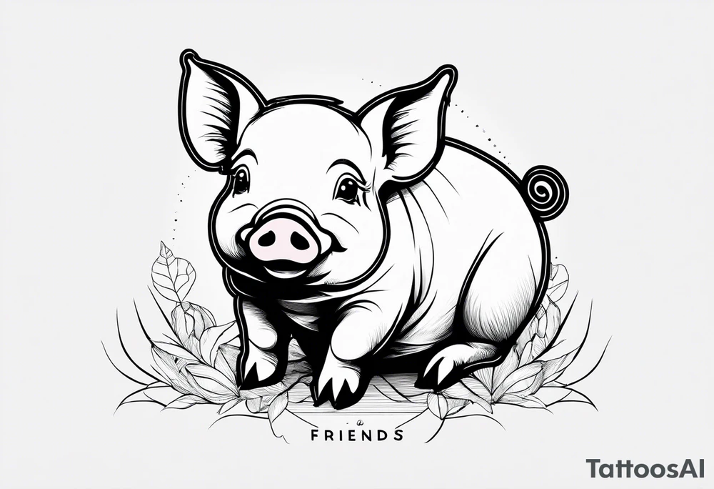 cute piglet sitting on bum. thin lines minimal shading, black and white only, with text "friends not food", white background tattoo idea