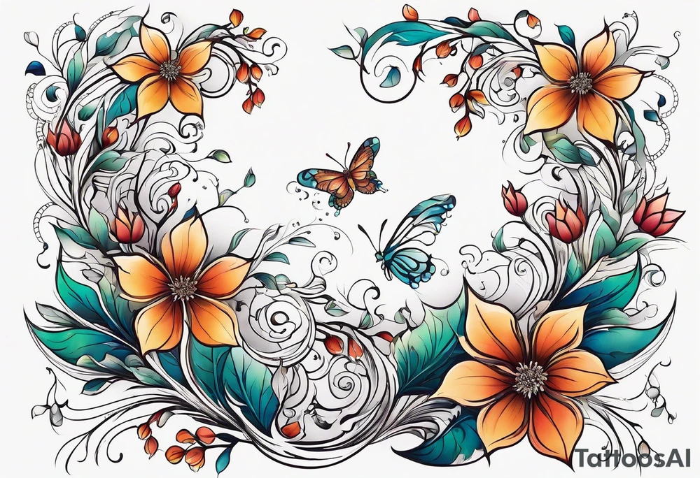 Winding branches and leaves and tiny flowers with a small moth tattoo idea