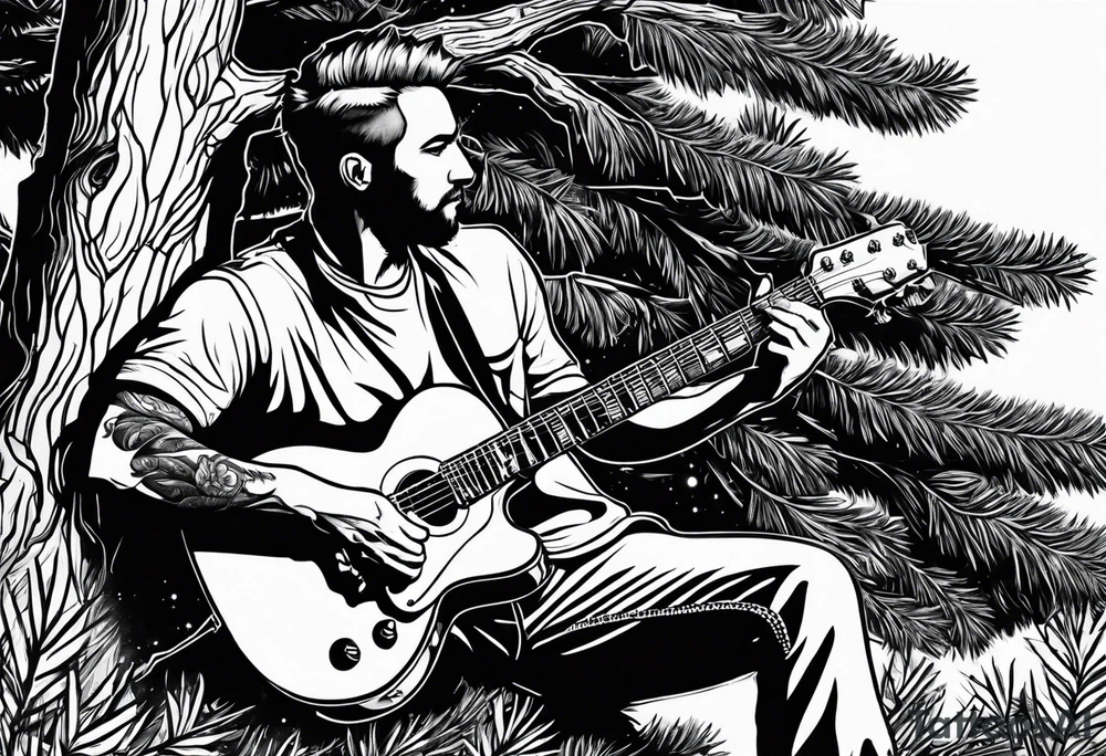 man playing electric guitar while sitting in a pine tree tattoo idea