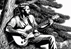 man playing electric guitar while sitting in a pine tree tattoo idea