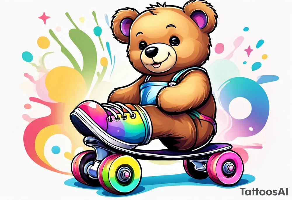 a teddy bear, wearing cute, pastel rainbow rollerskates tattoo idea