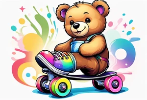 a teddy bear, wearing cute, pastel rainbow rollerskates tattoo idea