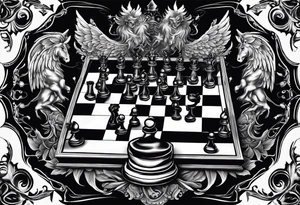 a chessboard with angelic and demonic chess pieces engaged in a strategic game, symbolizing the eternal battle between opposing forces. tattoo idea