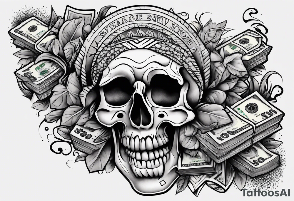 savage lettering money stacks rising smoke tattoo idea