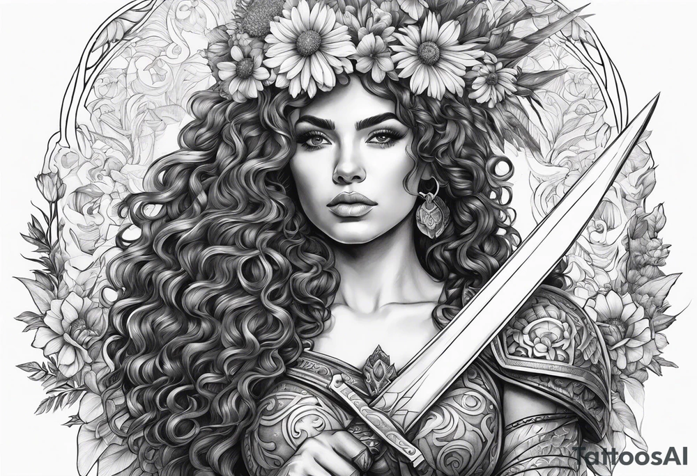 Spanish woman valkyrie curly hair half with sword sleeve arm wildflowers tattoo idea