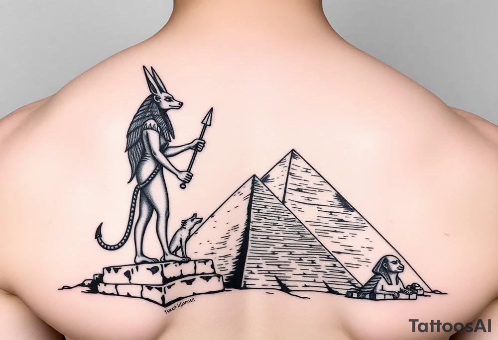 anubis and Isis standing over the pyramids tattoo idea