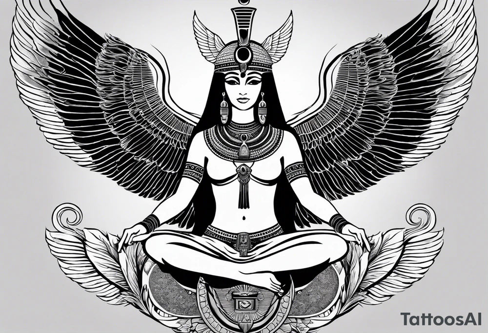 black and white Egyptian goddess Isis, who is often depicted as a woman with outstretched wings, holding an ankh (a symbol of life) in one hand and a lotus flower in the other. Her headdress often includes a throne or a solar disk. The tattoo design can vary in style and size, but it typically aims to capture the essence of this revered Egyptian deity, emphasizing her beauty, power, and maternal qualities. The choice of colors and additional elements can also be customized to create a unique and visually striking representation of the goddess Isis tattoo idea