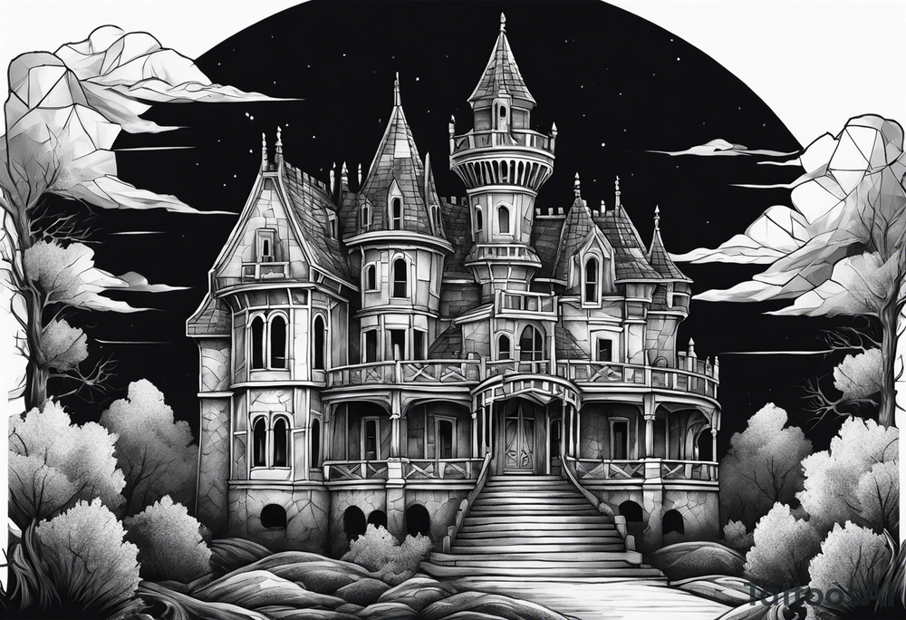 Scary rotting haunted castle portrait tattoo idea