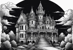 Scary rotting haunted castle portrait tattoo idea