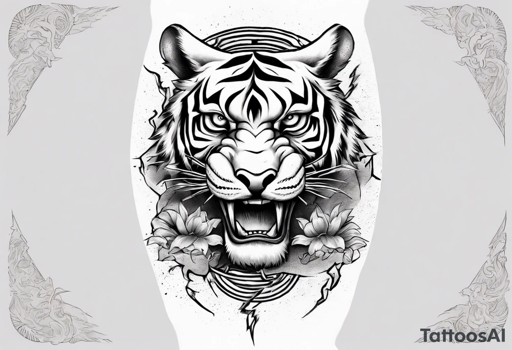 Ancient tiger with lightning and a sun for a forearm sleeve. With patterns surrounding it tattoo idea