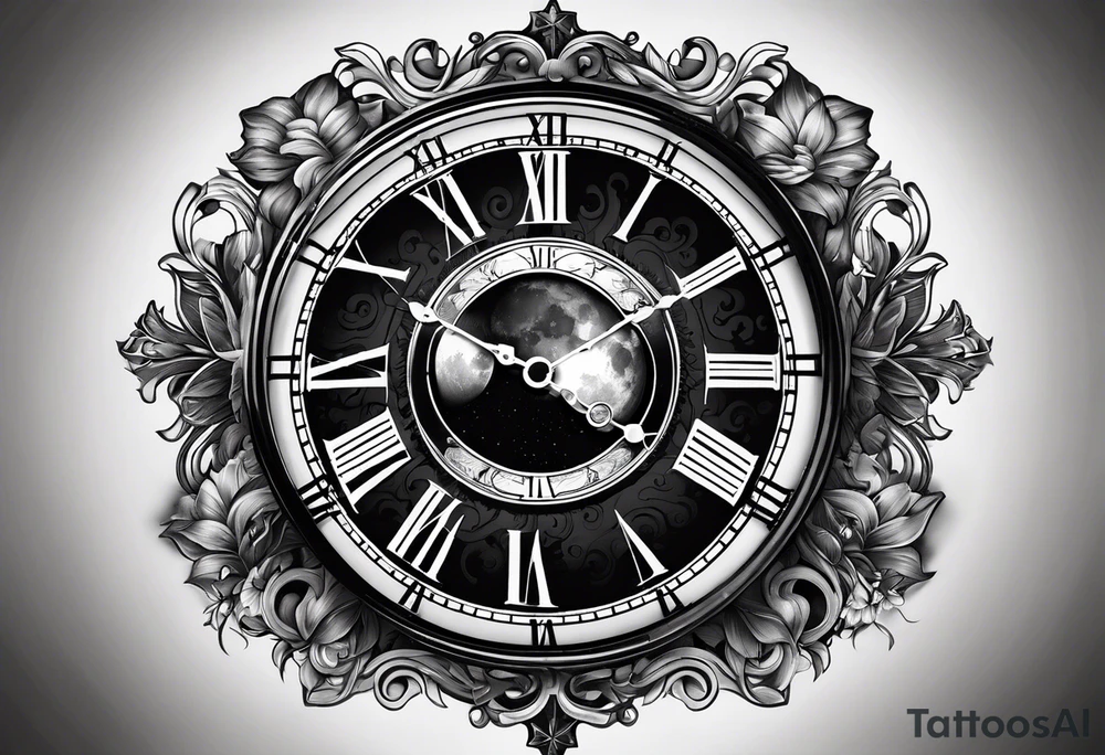 Timeless clock, cross, moon tattoo idea