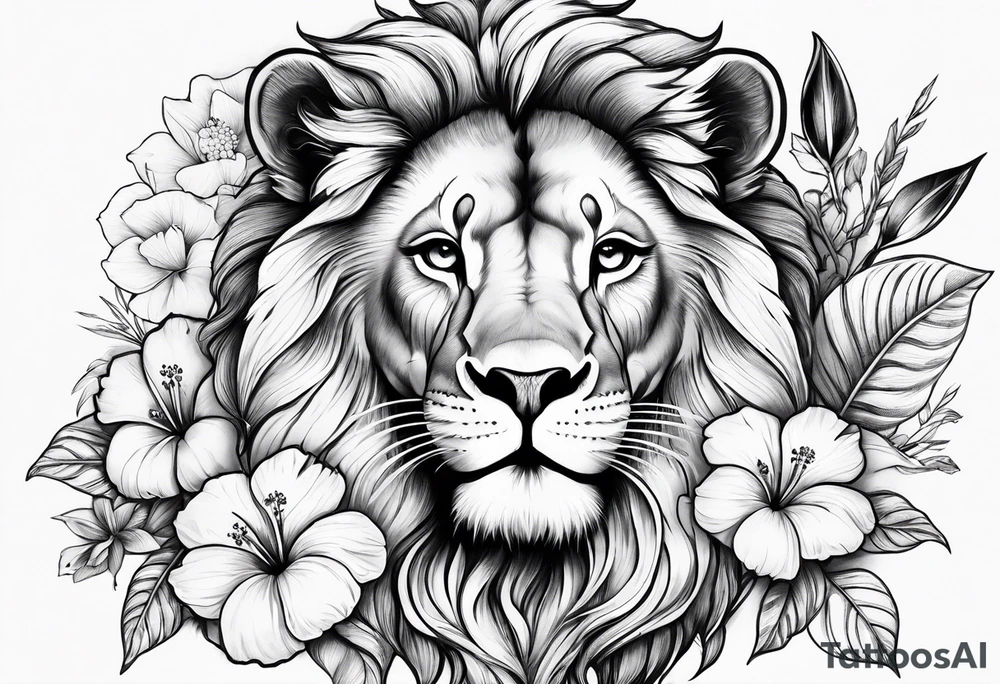 Women lion with hibiscus flowers something inspirational and meaning tattoo idea