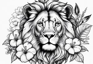 Women lion with hibiscus flowers something inspirational and meaning tattoo idea