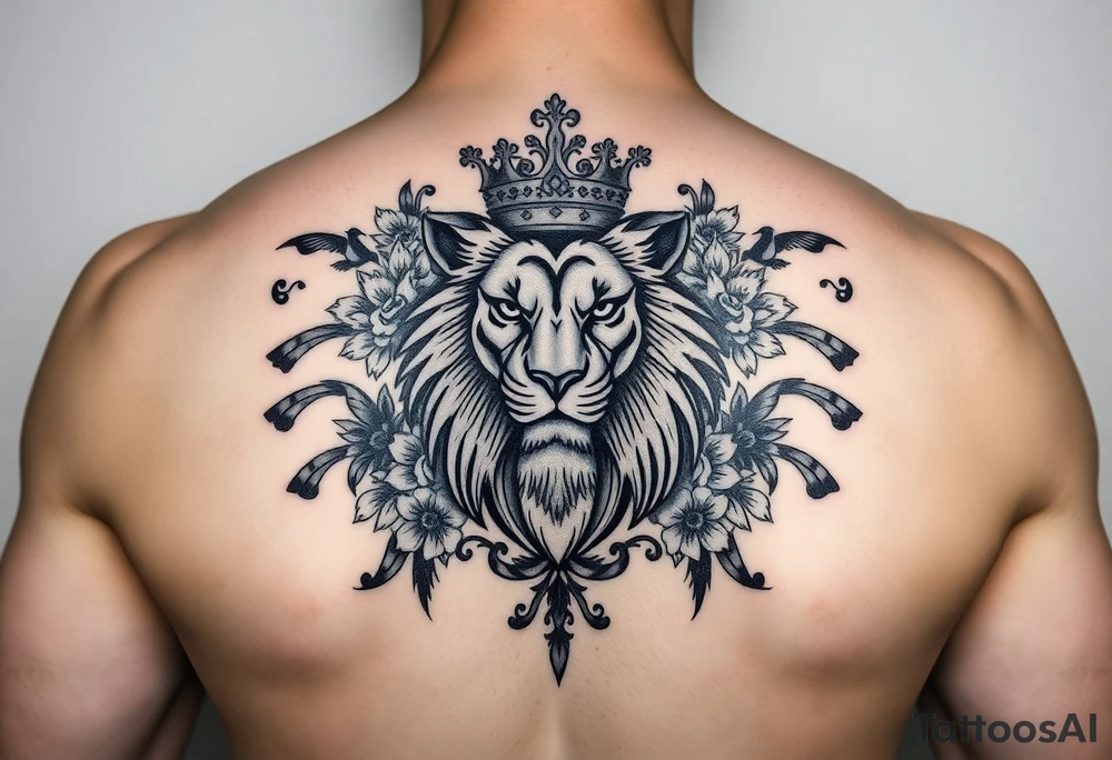 powerful majestic lion with a crown, surrounded by floral ornaments and birds tattoo idea