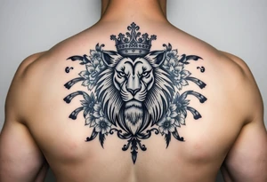 powerful majestic lion with a crown, surrounded by floral ornaments and birds tattoo idea