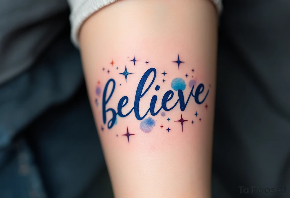A bold "Believe" in deep midnight blue script, surrounded by sparkling stars to symbolize hope and faith in the universe. tattoo idea