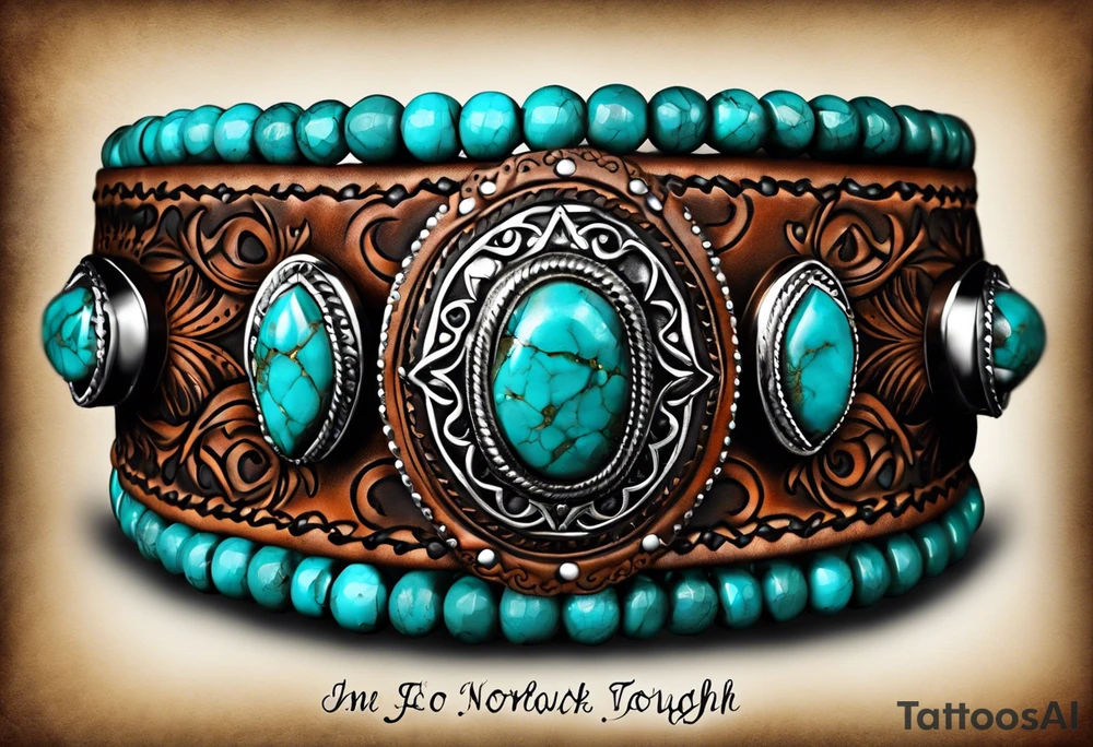 Leather Tooled Cuff Western Tattoo with turquoise Jewls a stock tag with G/L on it and the words "I do not and will not fear tomorrow because I feel as though today has been enough. tattoo idea