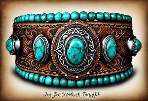 Leather Tooled Cuff Western Tattoo with turquoise Jewls a stock tag with G/L on it and the words "I do not and will not fear tomorrow because I feel as though today has been enough. tattoo idea
