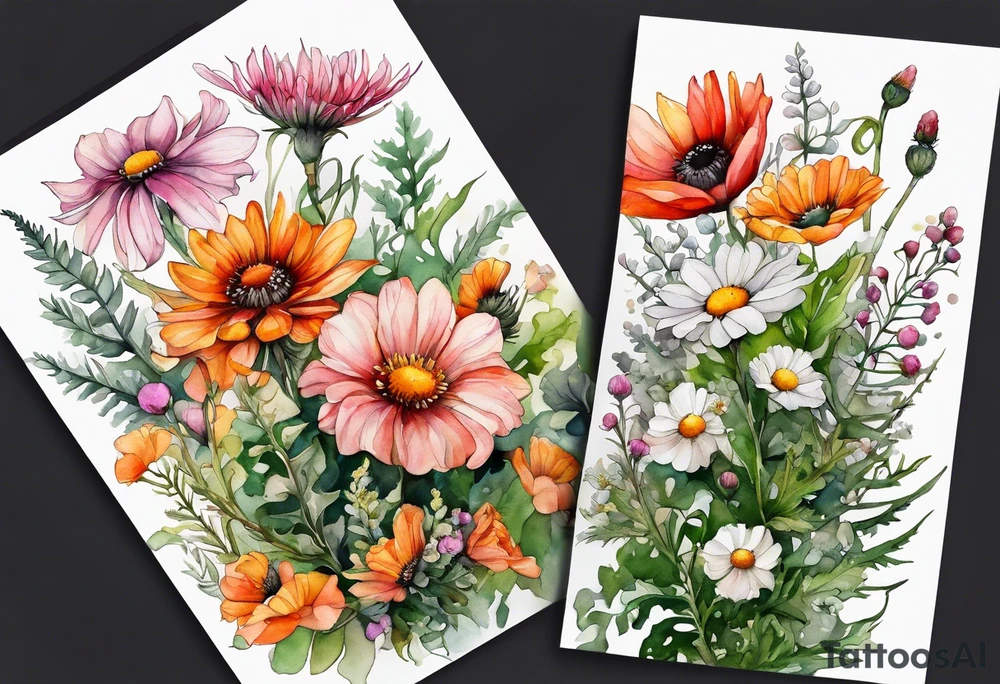 wildflowers with thistles, ferns, white anemones, sun flowers, orange flowers, green flowers, pink flowers, red flowers, babys breath and daisies all in watercolor tattoo idea