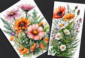 wildflowers with thistles, ferns, white anemones, sun flowers, orange flowers, green flowers, pink flowers, red flowers, babys breath and daisies all in watercolor tattoo idea