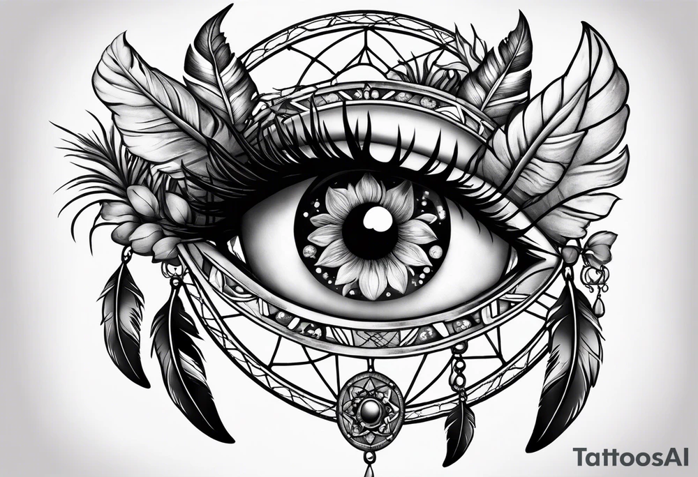 A eyeball with fairies and mushrooms in a dreamcatcher with feathers tattoo idea