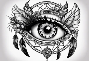 A eyeball with fairies and mushrooms in a dreamcatcher with feathers tattoo idea