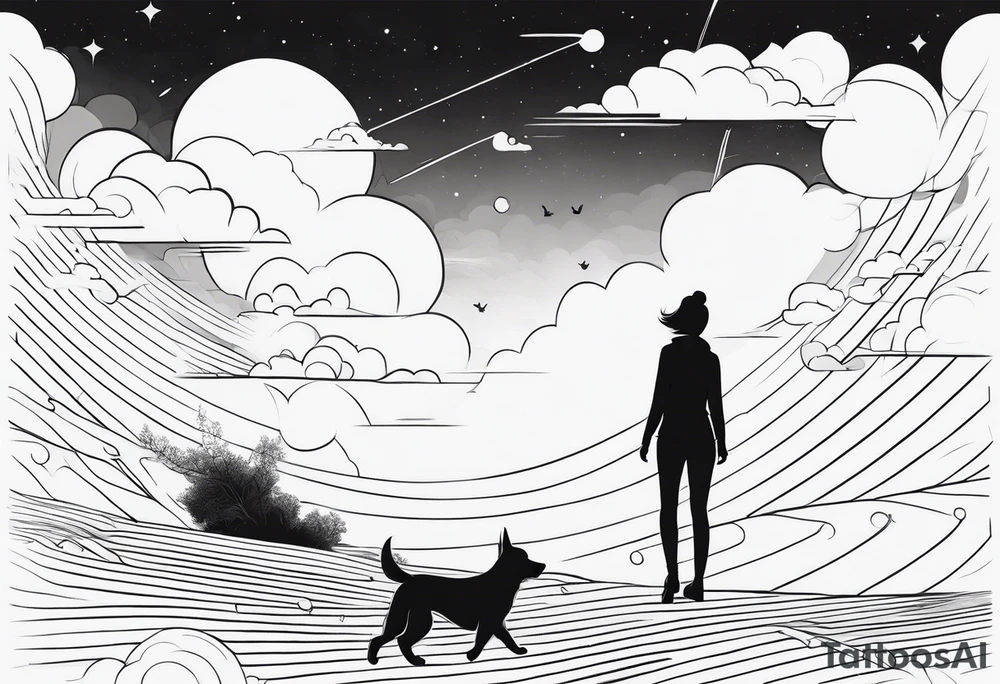 dog in the sky facing woman and trying to reach her hand and woman as her back facing us tattoo idea