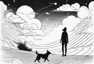 dog in the sky facing woman and trying to reach her hand and woman as her back facing us tattoo idea