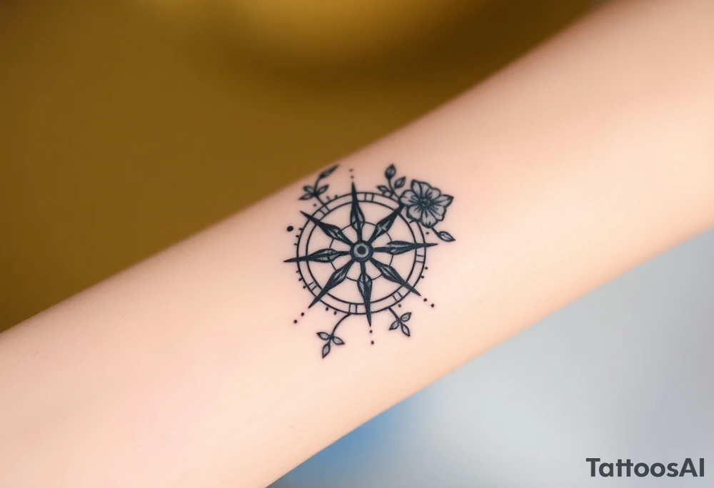 Compass with cursive letters with flowers flowing above and below tattoo idea