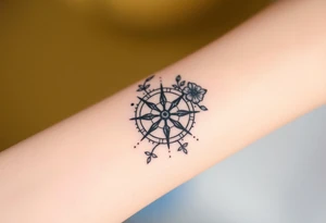 Compass with cursive letters with flowers flowing above and below tattoo idea