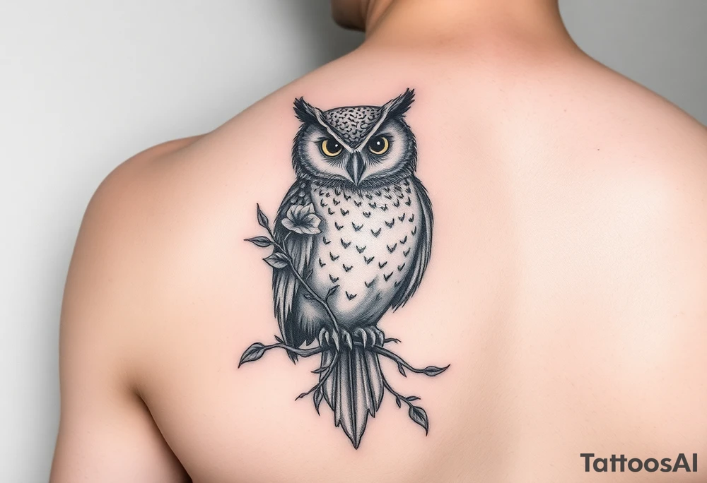 Upper arm tattoo of owl vine crawling upward and wrapping owl 333 incorporated with the owl and vine vine wrapping around the owl covering it tattoo idea