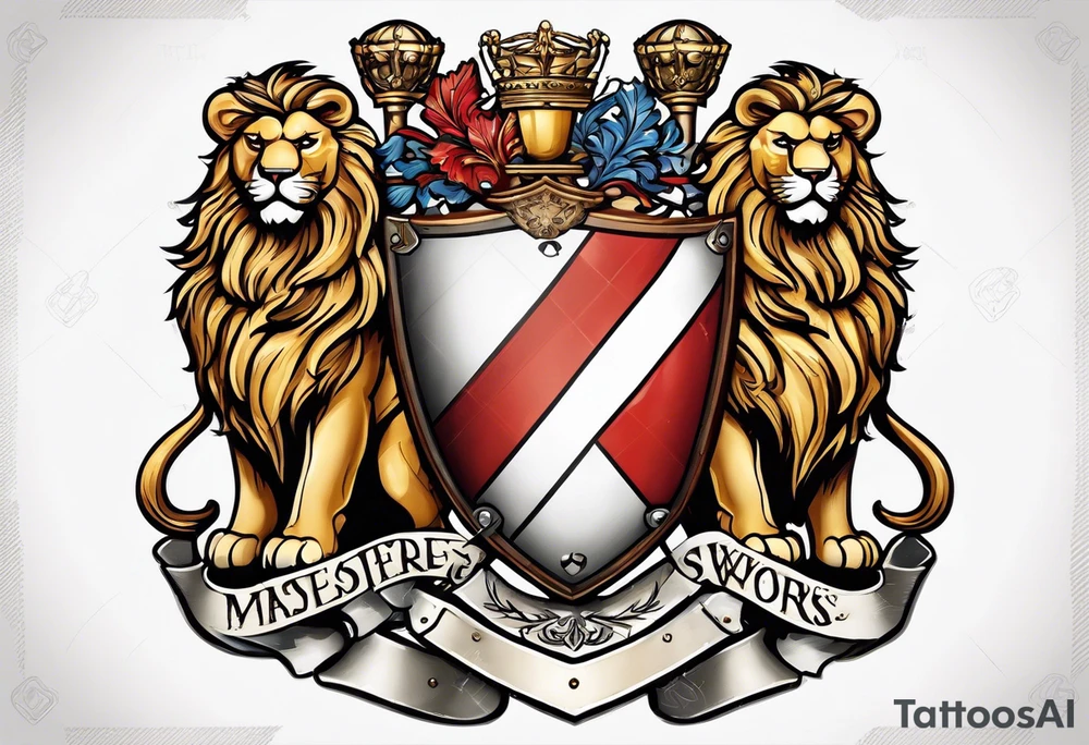 Swanson family coat of arms on a shield being held up by two lions, there are crossed skis behind the shield tattoo idea