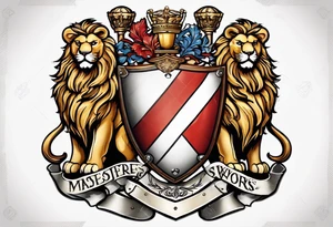 Swanson family coat of arms on a shield being held up by two lions, there are crossed skis behind the shield tattoo idea