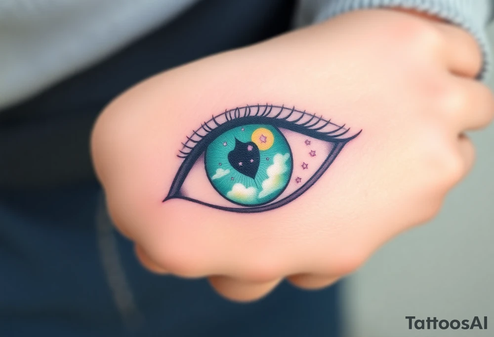 Large outline of an eye shaped like an almond with eye colored greenish blue with long pretty black eyelashes + spade shaped eyeball instead of a round eyeball + a crescent moon stars and clouds inside of the eyeball only + using vivid colors like blue green purple light blue light green light purple tattoo idea