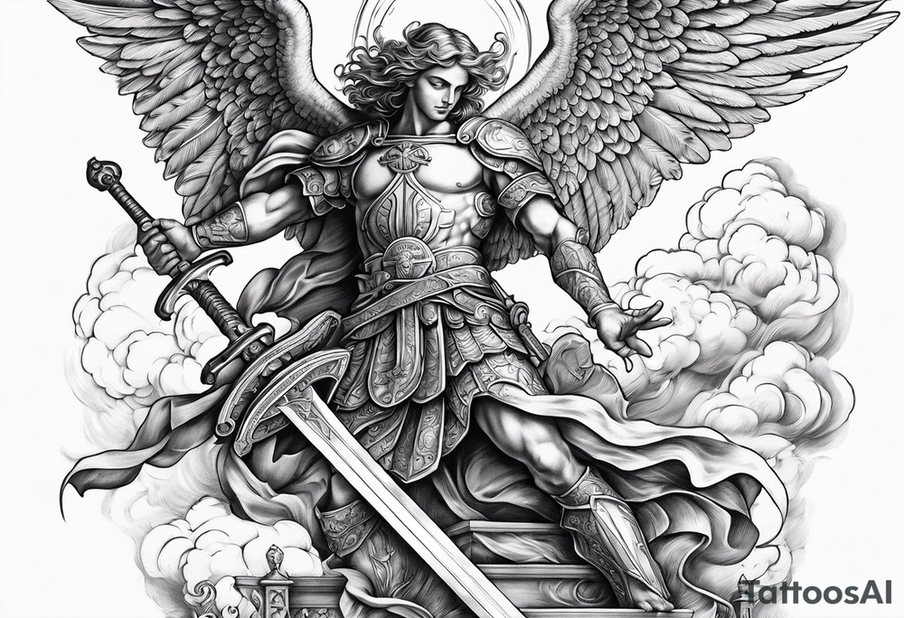 Arm sleeve of St Michael plunging a sword into the devil which is laying on the stairway to heaven. Angels and demons are fighting all around tattoo idea