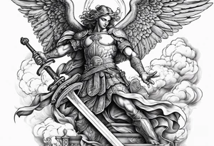 Arm sleeve of St Michael plunging a sword into the devil which is laying on the stairway to heaven. Angels and demons are fighting all around tattoo idea