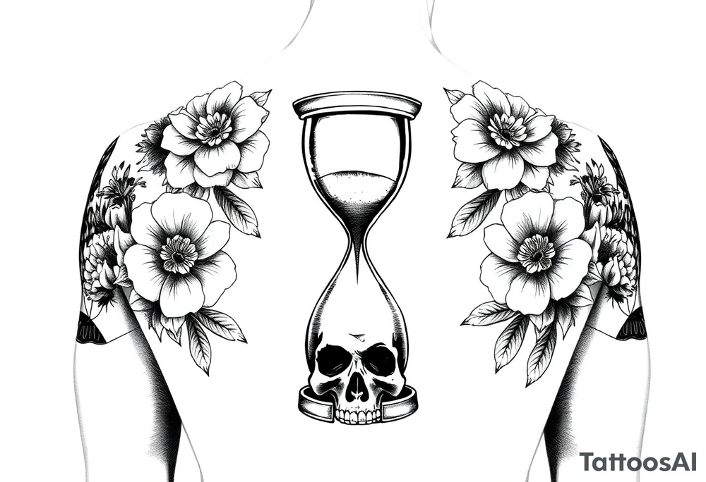 A back tattoo with soft matching florals on each shoulder. In the middle theres an hourglass with a skull on the bottom that the sand is pouring into tattoo idea