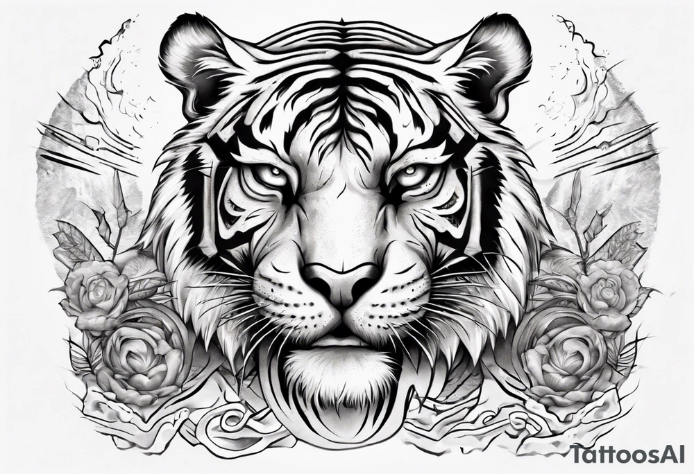 Ancient tiger with lightning and a sun for a forearm sleeve. With patterns surrounding it tattoo idea