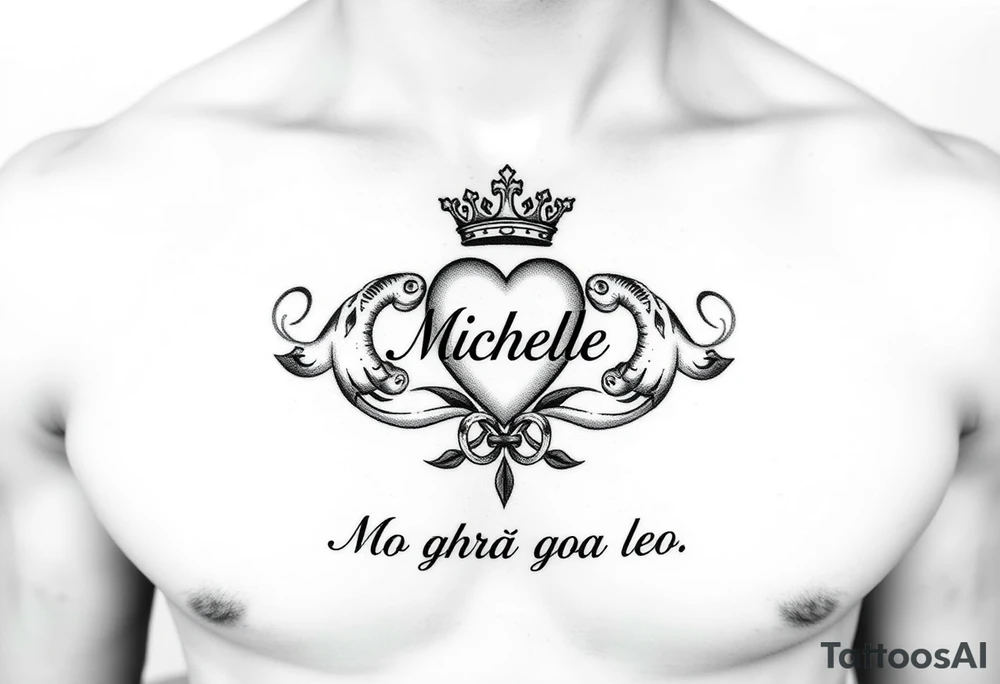 Claddagh placed on a man’s chest. Name Michelle placed between the heart and the crown. Irish rose and Celtic knot incorporated into the design. Mo ghrá go deo written at the very bottom. tattoo idea