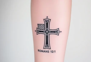 Incorporate a simple Celtic cross with the American flag and the text “Romans 1:16” tattoo idea