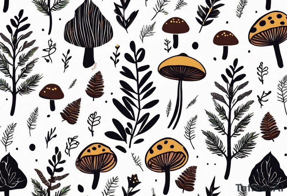 forest floor inspired minimalist tattoo, which includes grass, curly ferns, moss and dead leaves as the bulk of the tattoo. details to include: forest berries, a tiny bumblebee flying nearby, three small brown mushrooms
Generate a vertically long one tattoo idea