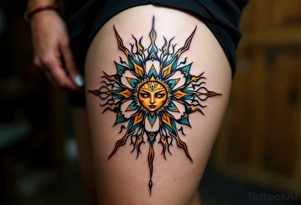 A vibrant Celtic sun tattoo in teal and gold symbolizes harmony and light at the center of the chest. tattoo idea