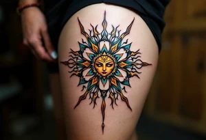 A vibrant Celtic sun tattoo in teal and gold symbolizes harmony and light at the center of the chest. tattoo idea