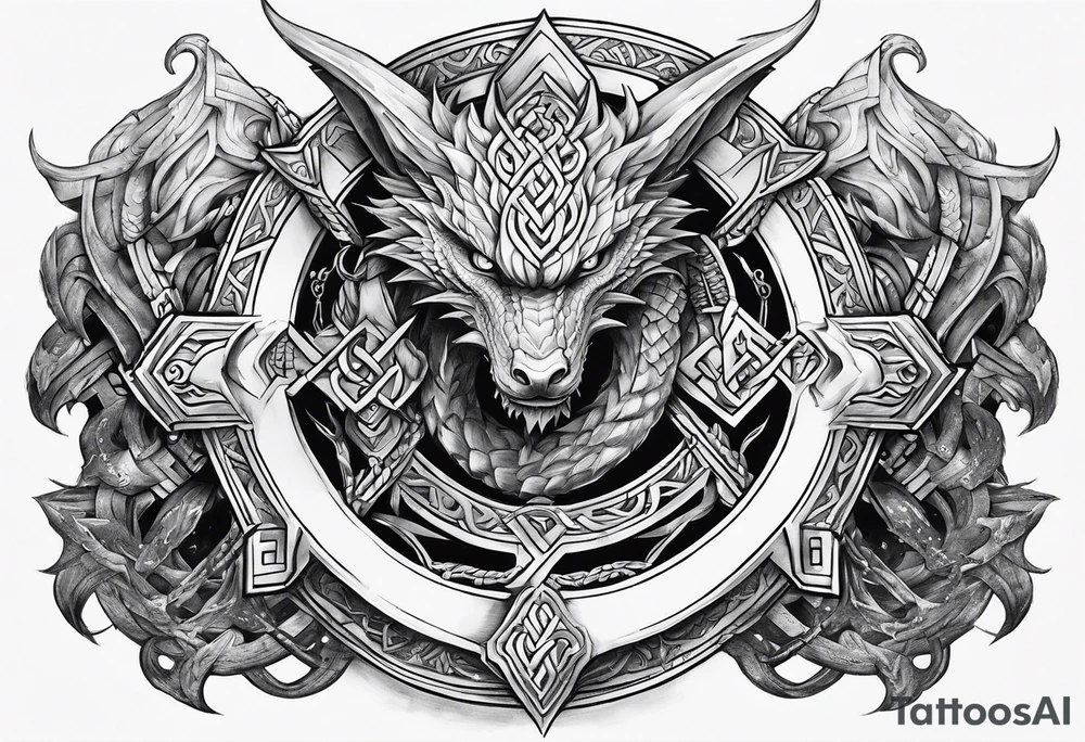 Valhalla sword round shield dragon axe Valknut steps fire chains tattoo idea Valhalla sword round shield dragon axe Valknut steps fire chains tattoo idea