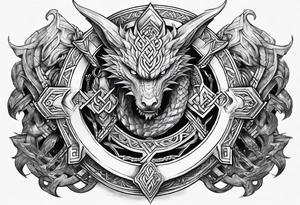 Valhalla sword round shield dragon axe Valknut steps fire chains tattoo idea